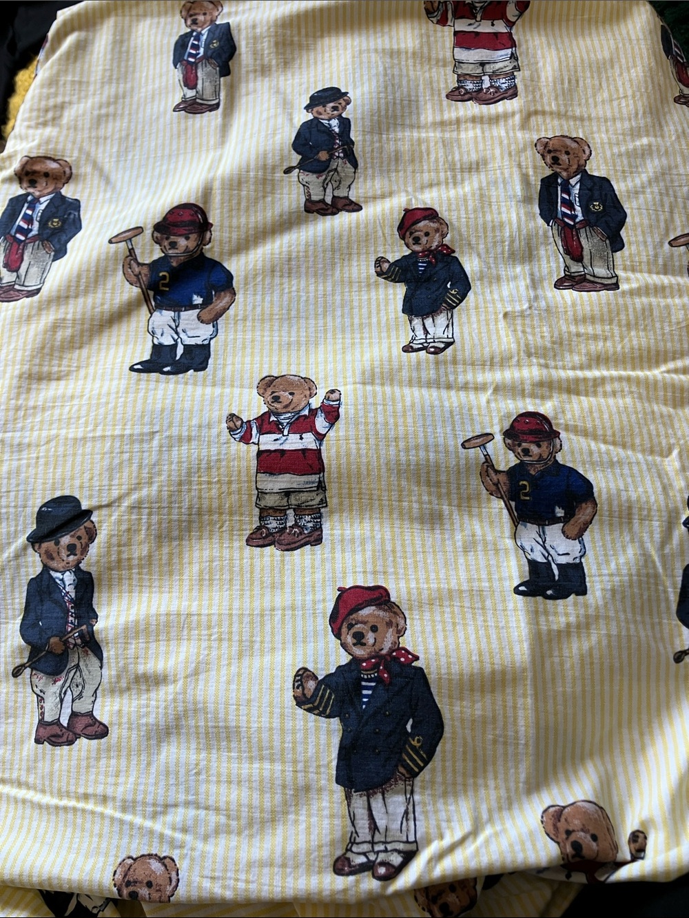 Ralph Lauren Yellow & Navy Striped Cotton bedsheets with Teddy Print